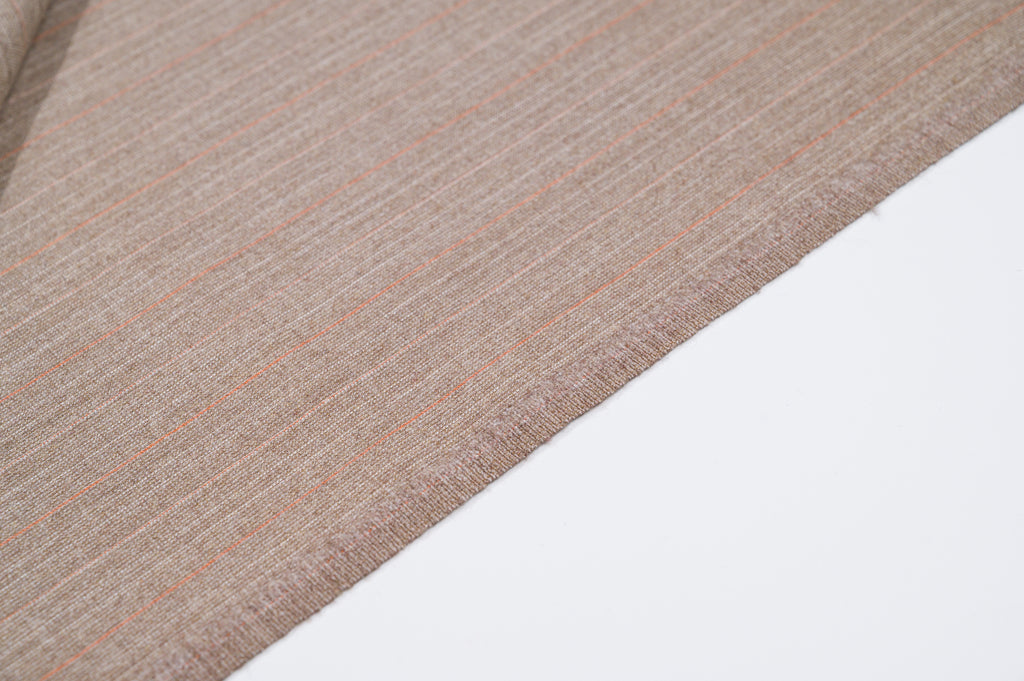 Vintage 100% Wool Fabric - 2.80mt - 245g - Light Brown Pinstripe Red & Pink Lines