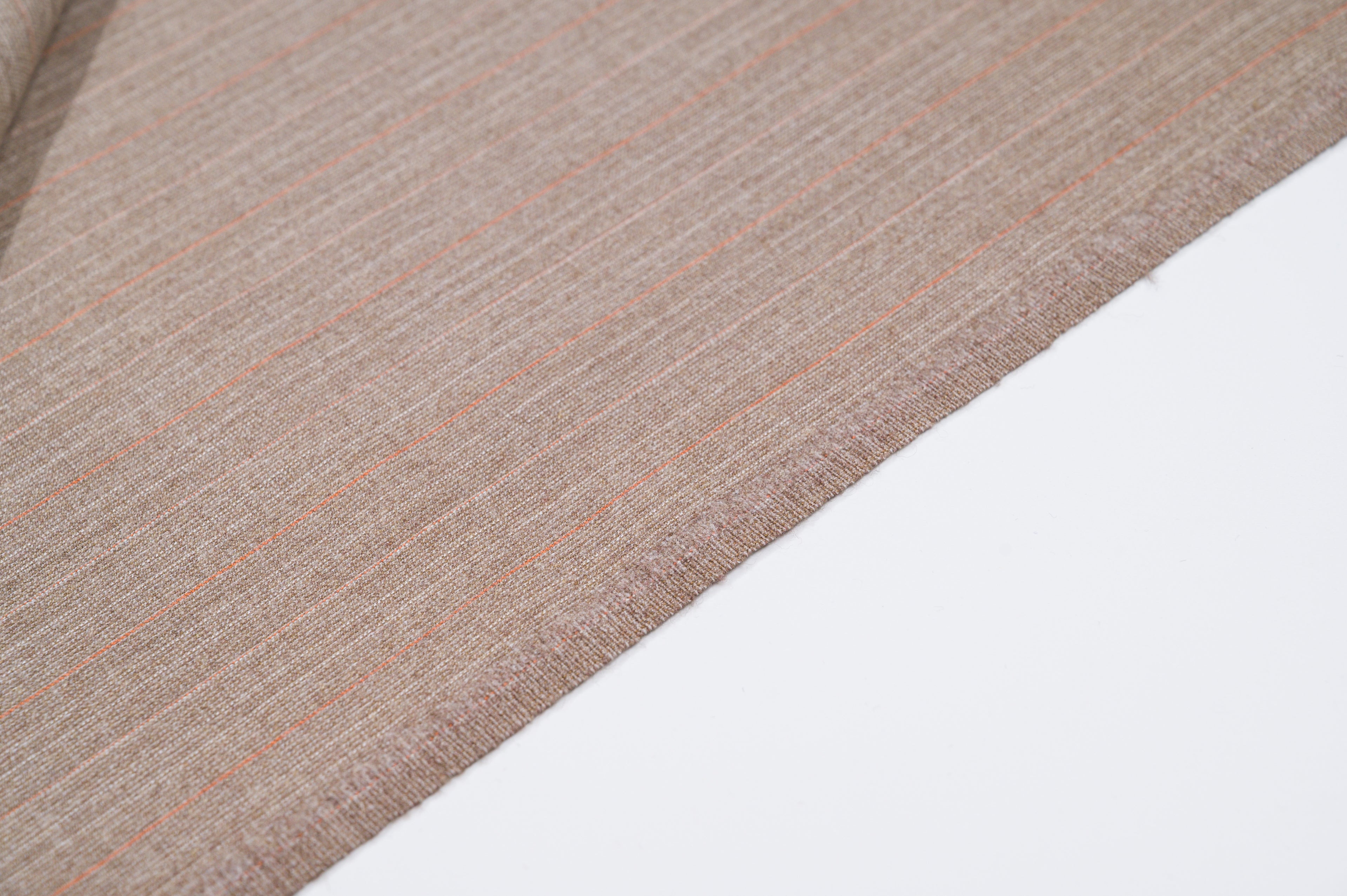 Vintage 100% Wool Fabric - 2.80mt - 245g - Light Brown Pinstripe Red & Pink Lines