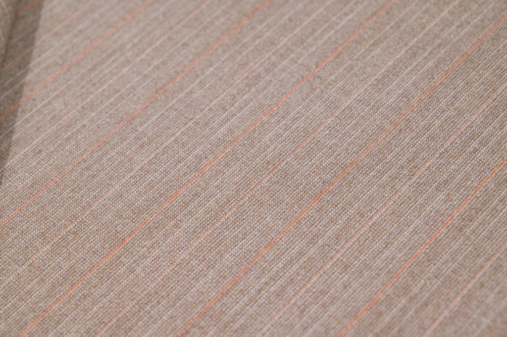 Vintage 100% Wool Fabric - 2.80mt - 245g - Light Brown Pinstripe Red & Pink Lines