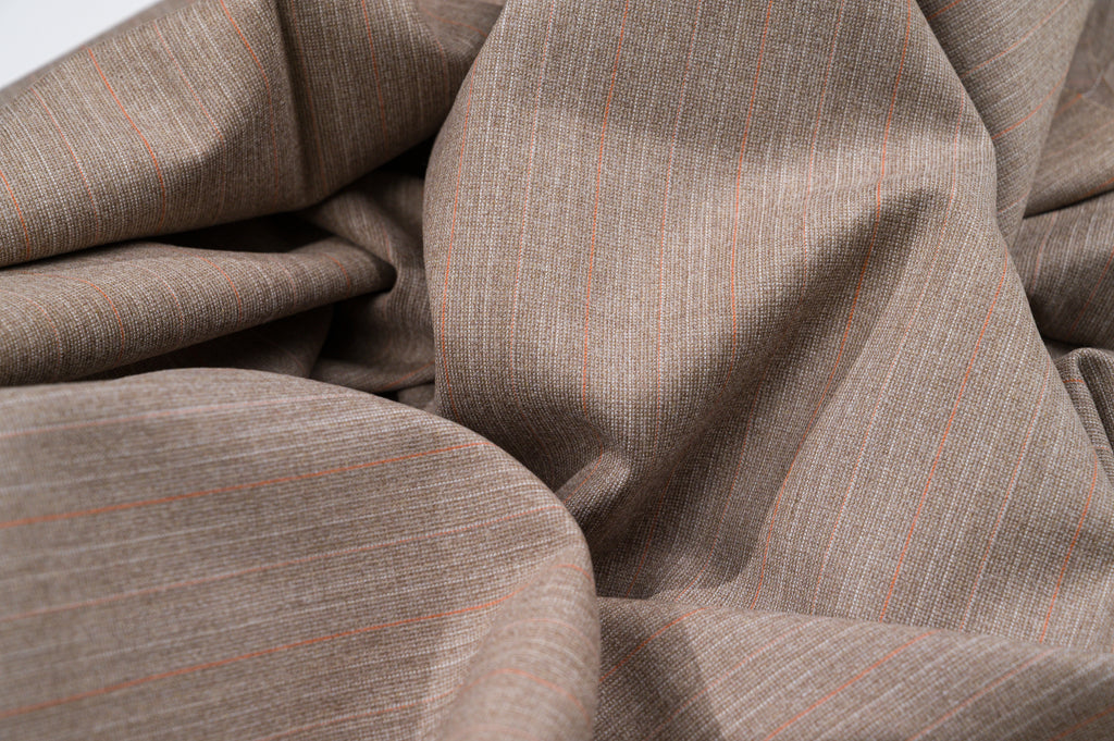 Vintage 100% Wool Fabric - 2.80mt - 245g - Light Brown Pinstripe Red & Pink Lines