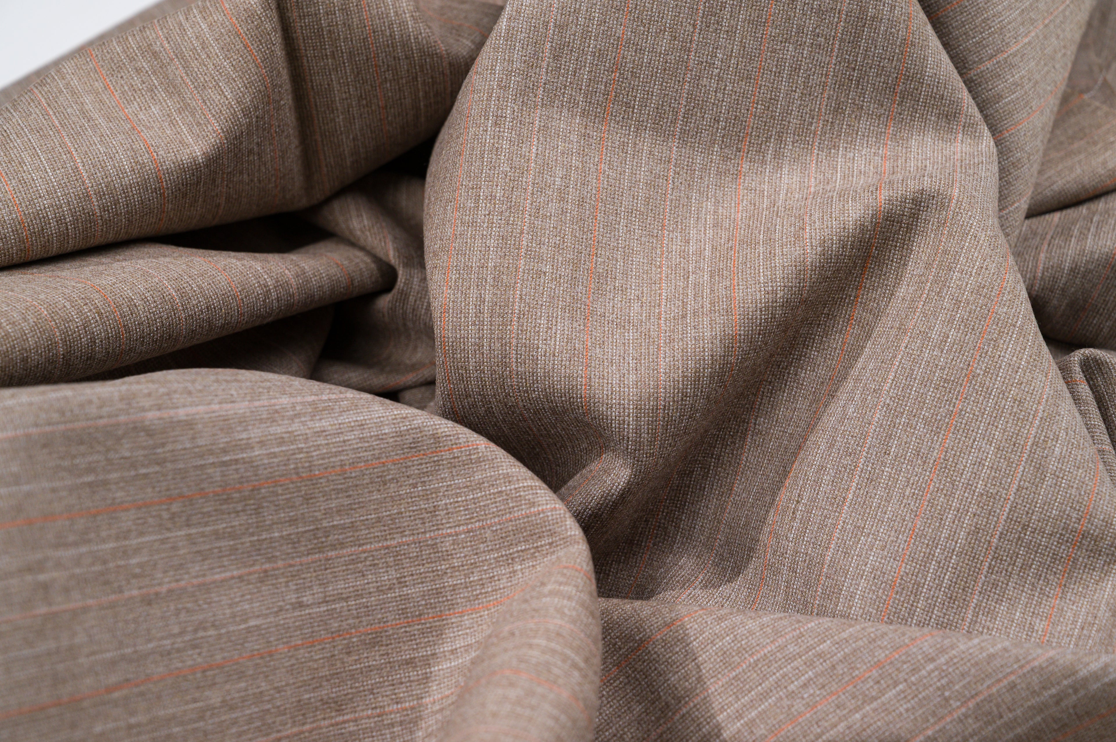 Vintage 100% Wool Fabric - 2.80mt - 245g - Light Brown Pinstripe Red & Pink Lines
