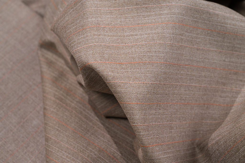 Vintage 100% Wool Fabric - 2.80mt - 245g - Light Brown Pinstripe Red & Pink Lines