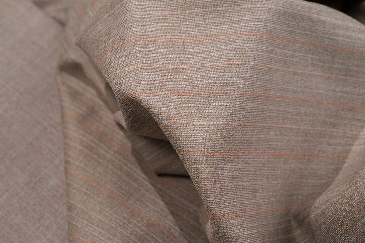 Vintage 100% Wool Fabric - 2.80mt - 245g - Light Brown Pinstripe Red & Pink Lines