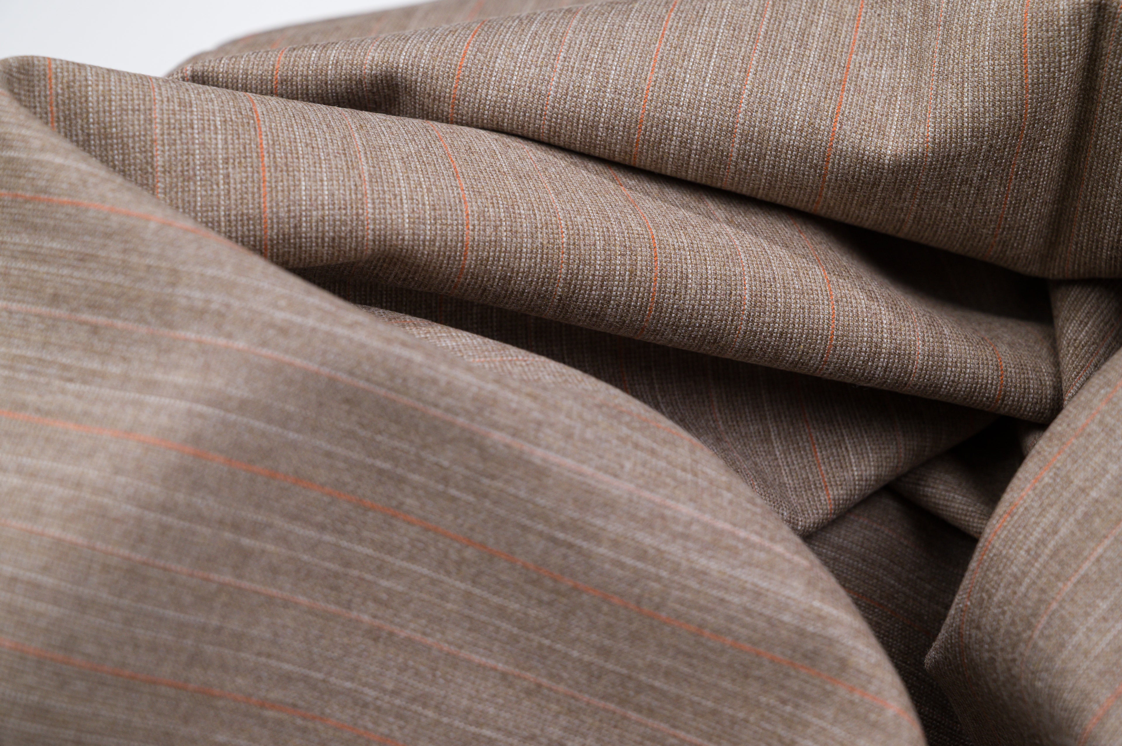 Vintage 100% Wool Fabric - 2.80mt - 245g - Light Brown Pinstripe Red & Pink Lines