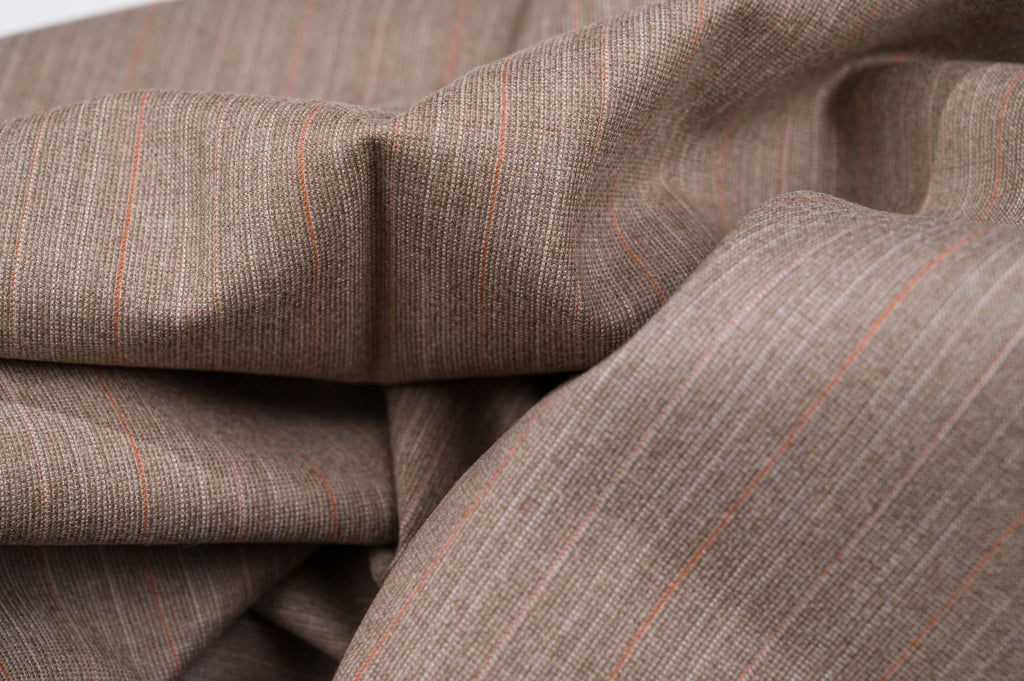 Vintage 100% Wool Fabric - 2.80mt - 245g - Light Brown Pinstripe Red & Pink Lines