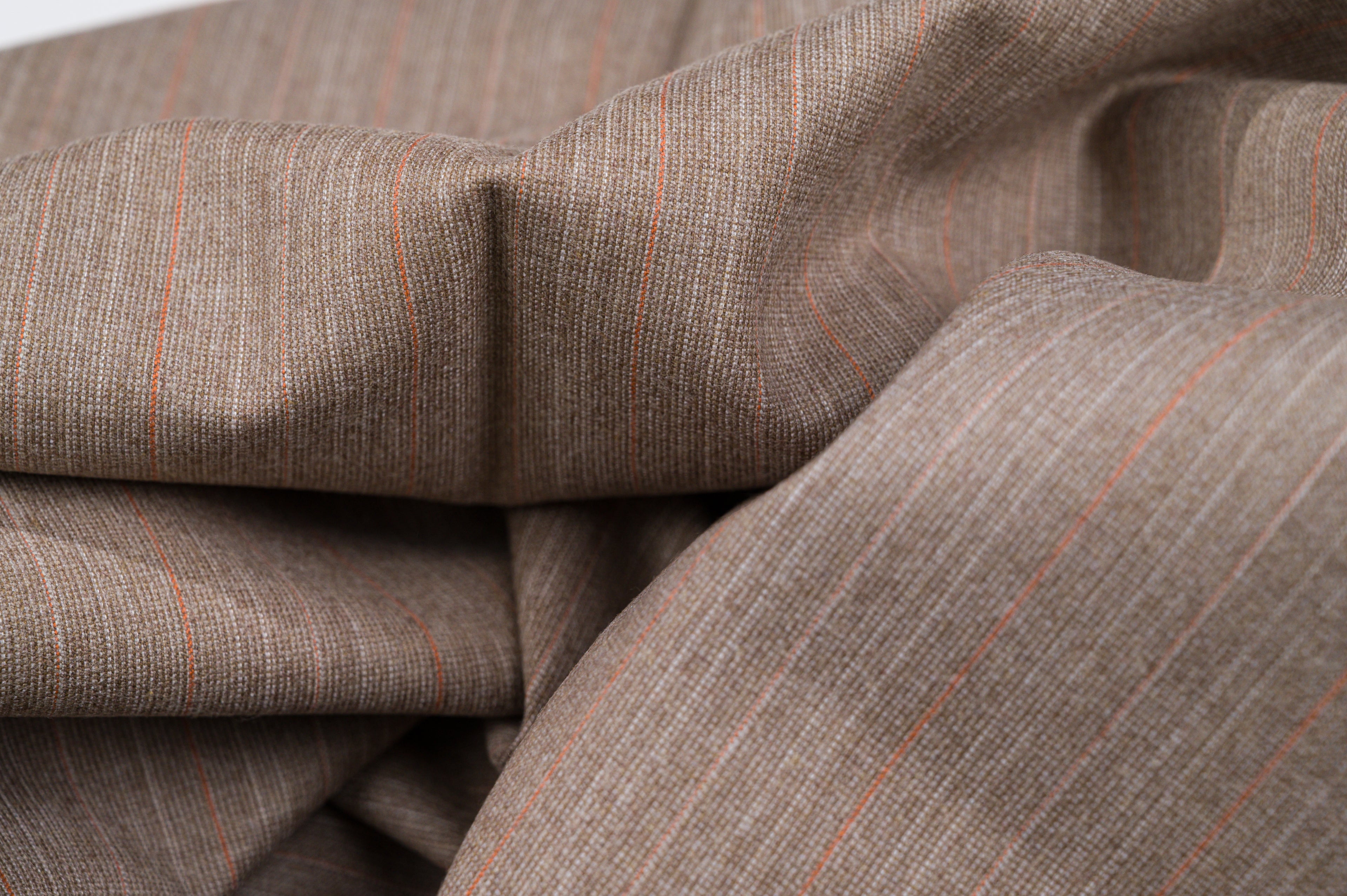 Vintage 100% Wool Fabric - 2.80mt - 245g - Light Brown Pinstripe Red & Pink Lines