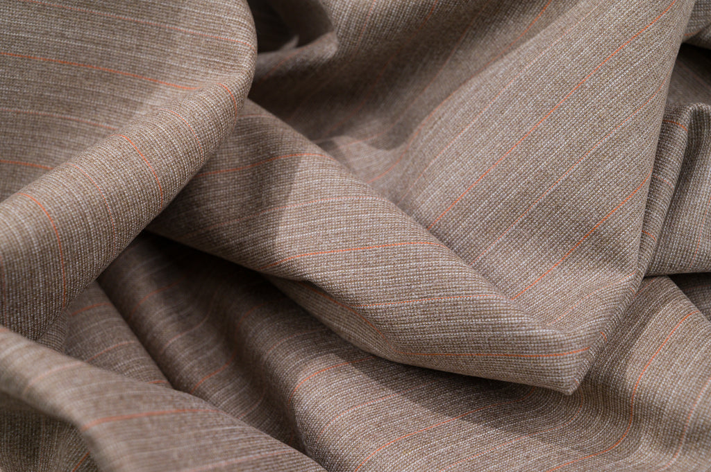 Vintage 100% Wool Fabric - 2.80mt - 245g - Light Brown Pinstripe Red & Pink Lines