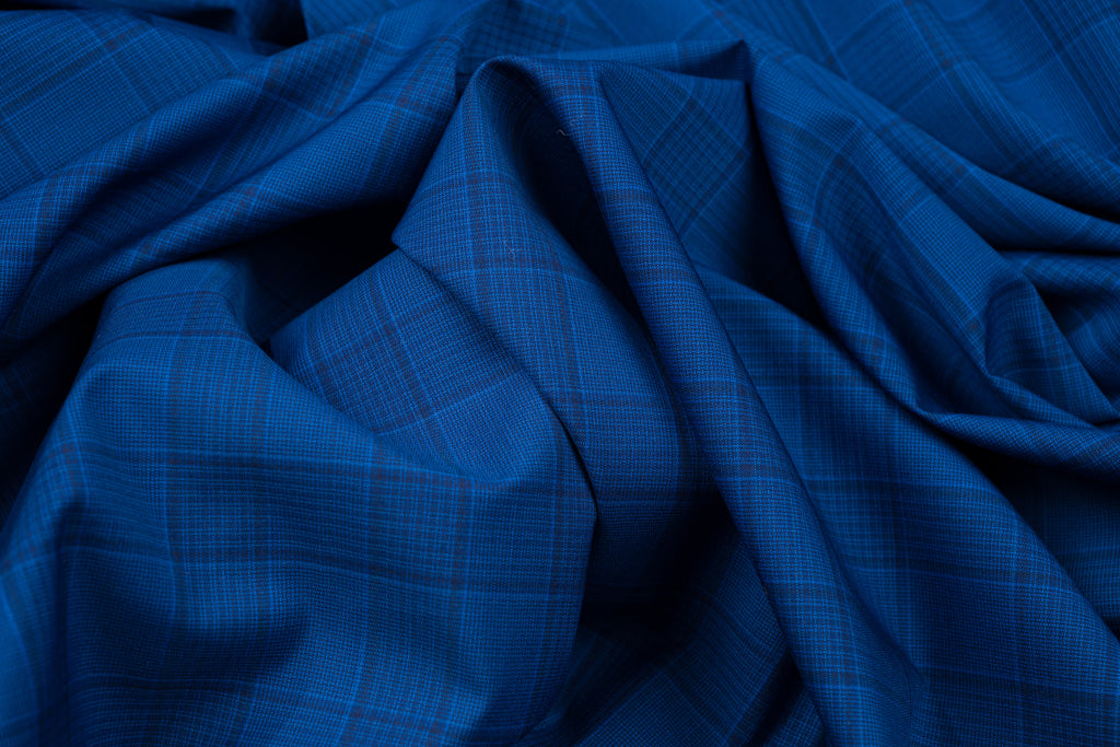 Vintage Summer Jacket Fabric Blue on Blue Check 100% Wool 2.6m 220gr