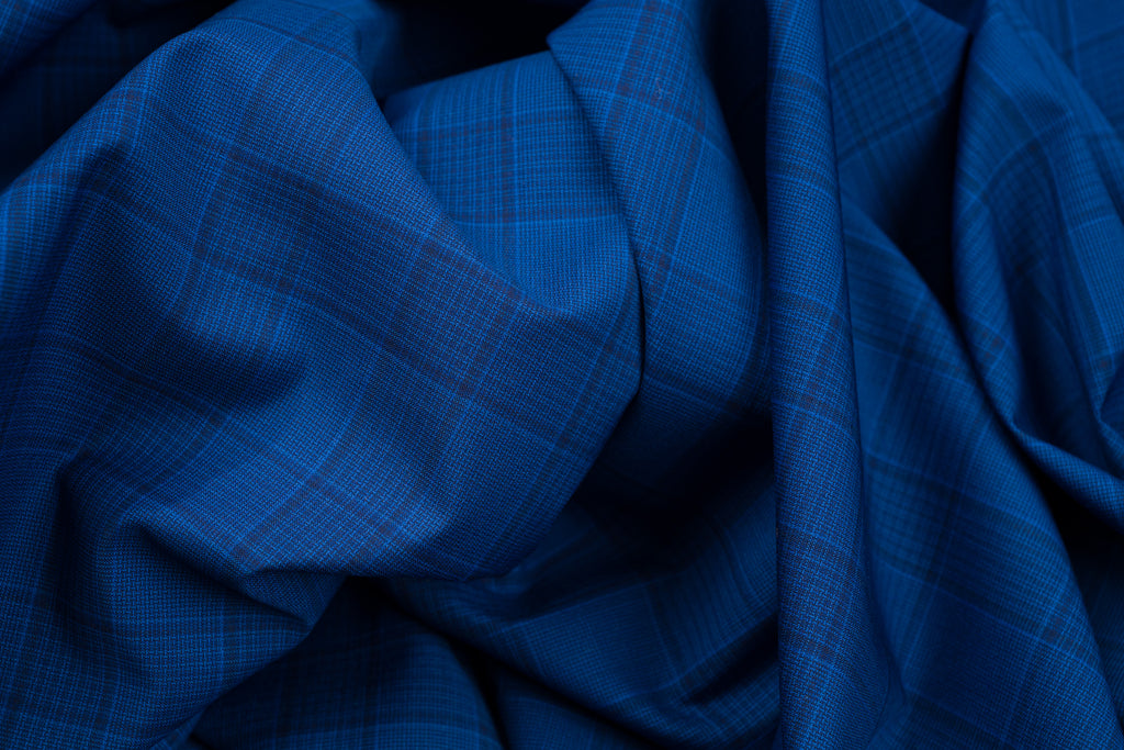 Vintage Summer Jacket Fabric Blue on Blue Check 100% Wool 2.6m 220gr