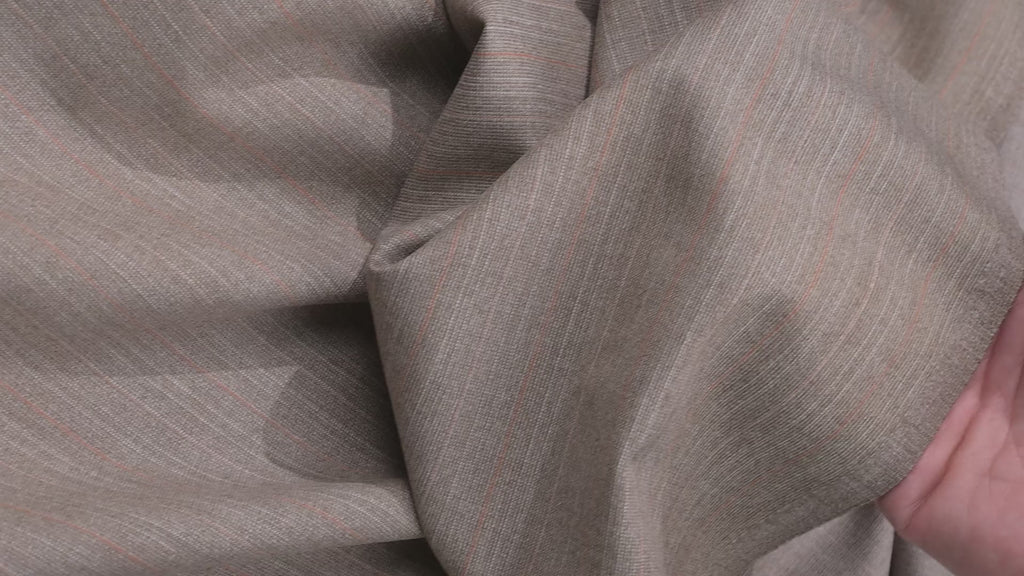 Vintage 100% Wool Fabric - 2.80mt - 245g - Light Brown Pinstripe Red & Pink Lines